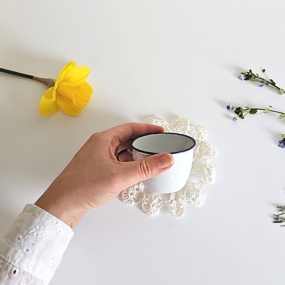 Antique K.E.R. Sweden White Enamelware Cup Blue White Trim Coffee Small Teacup - Picture 9 of 16